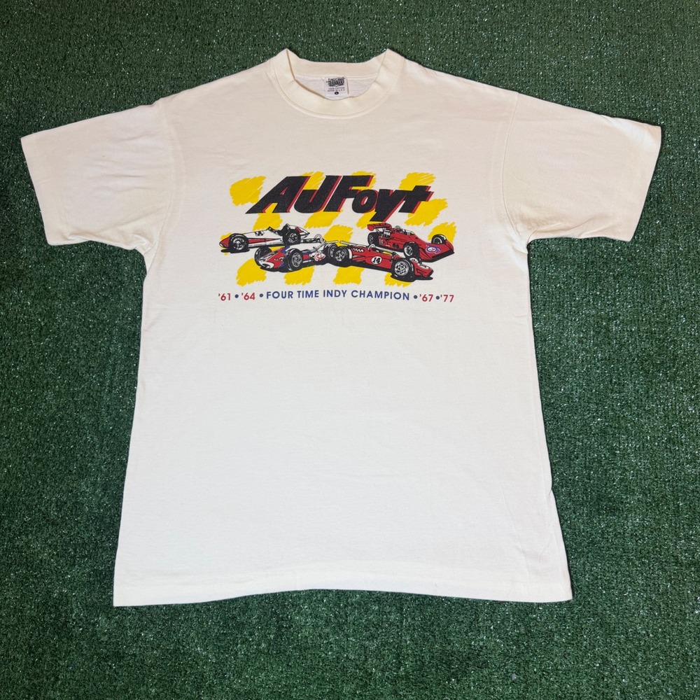Vintage AJ Foyt Indy Champion Racing T-Shirt Single Stitch Cream Large USA Made